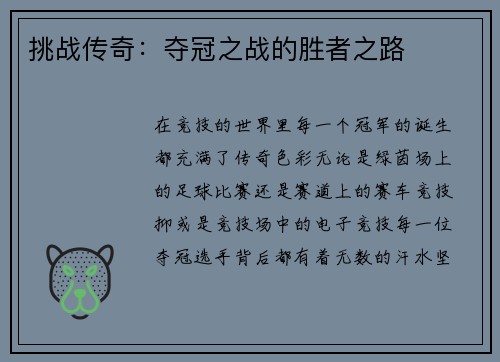 挑战传奇：夺冠之战的胜者之路