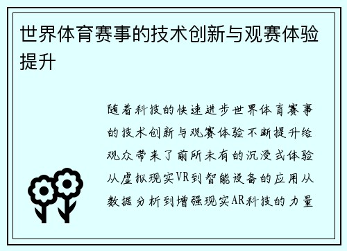 世界体育赛事的技术创新与观赛体验提升